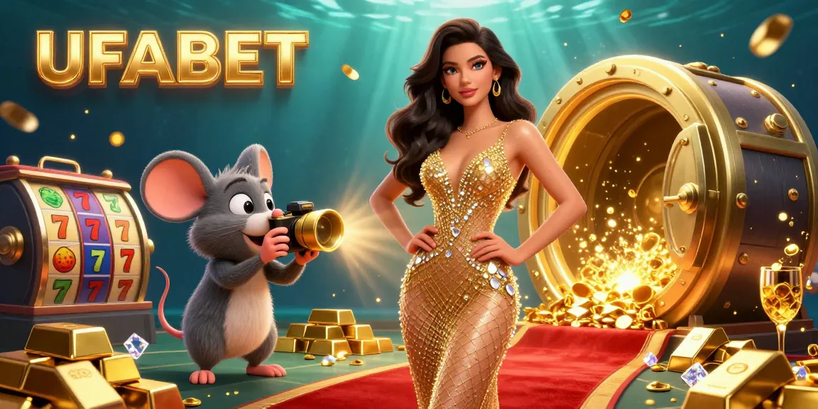 Spin the reels at UFABET with a glamorous woman and a cartoon mouse amidst dazzling treasures and slot game elements.