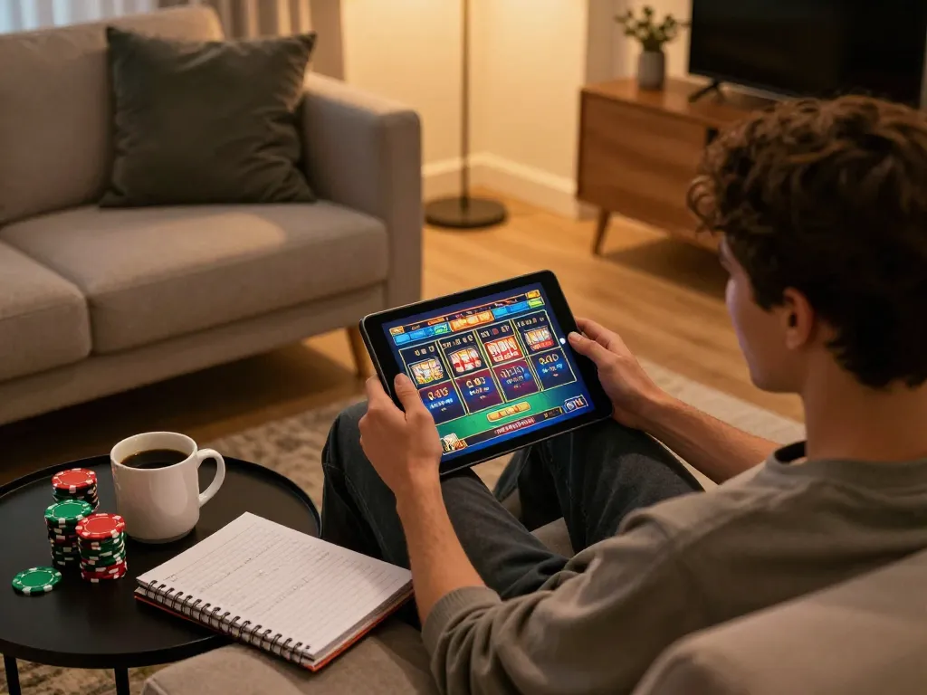 Player enjoys online slots on tablet for OPEN88 in a cozy living room setup.