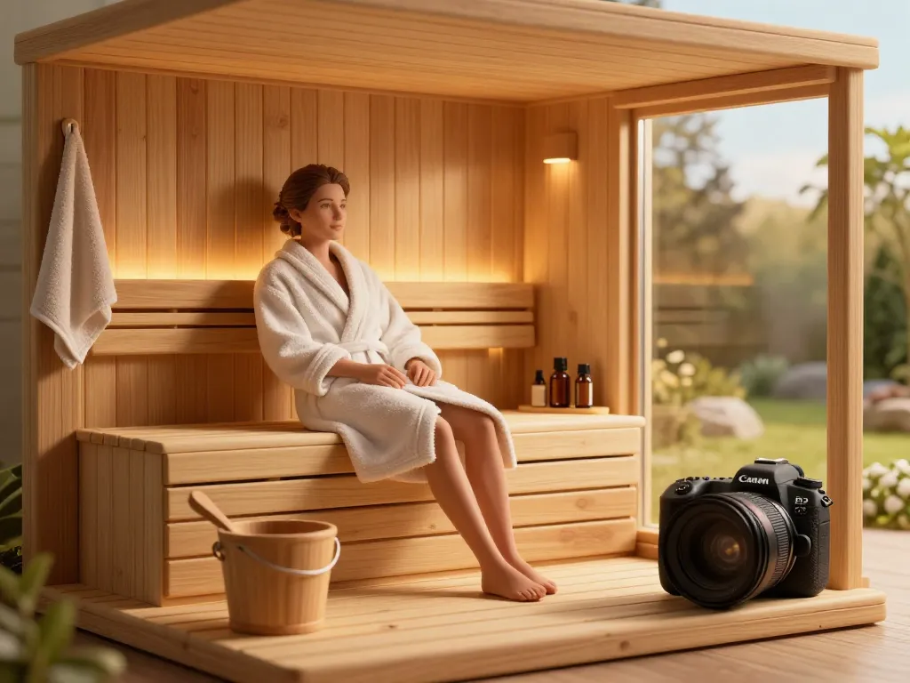 Cozy sauna 3D model interior with a person relaxing and warm ambiance.