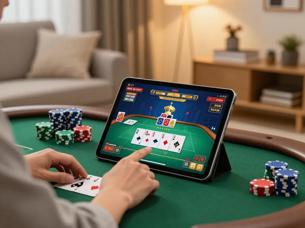 Engaged player strategizing on 888now com poker game in cozy home setting.