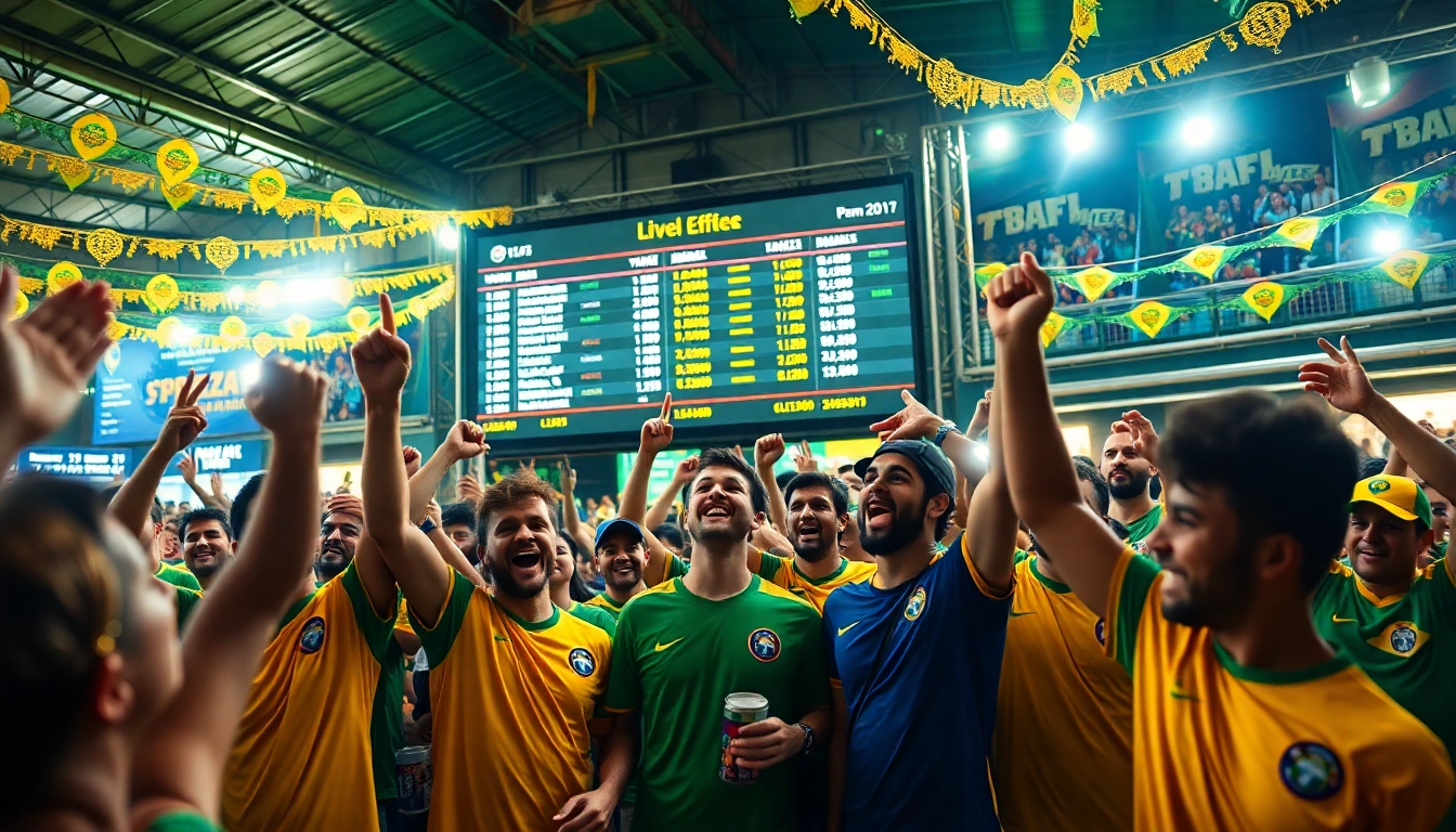 Engaged fans celebrating at the best sports betting sites Brazil in a lively environment.