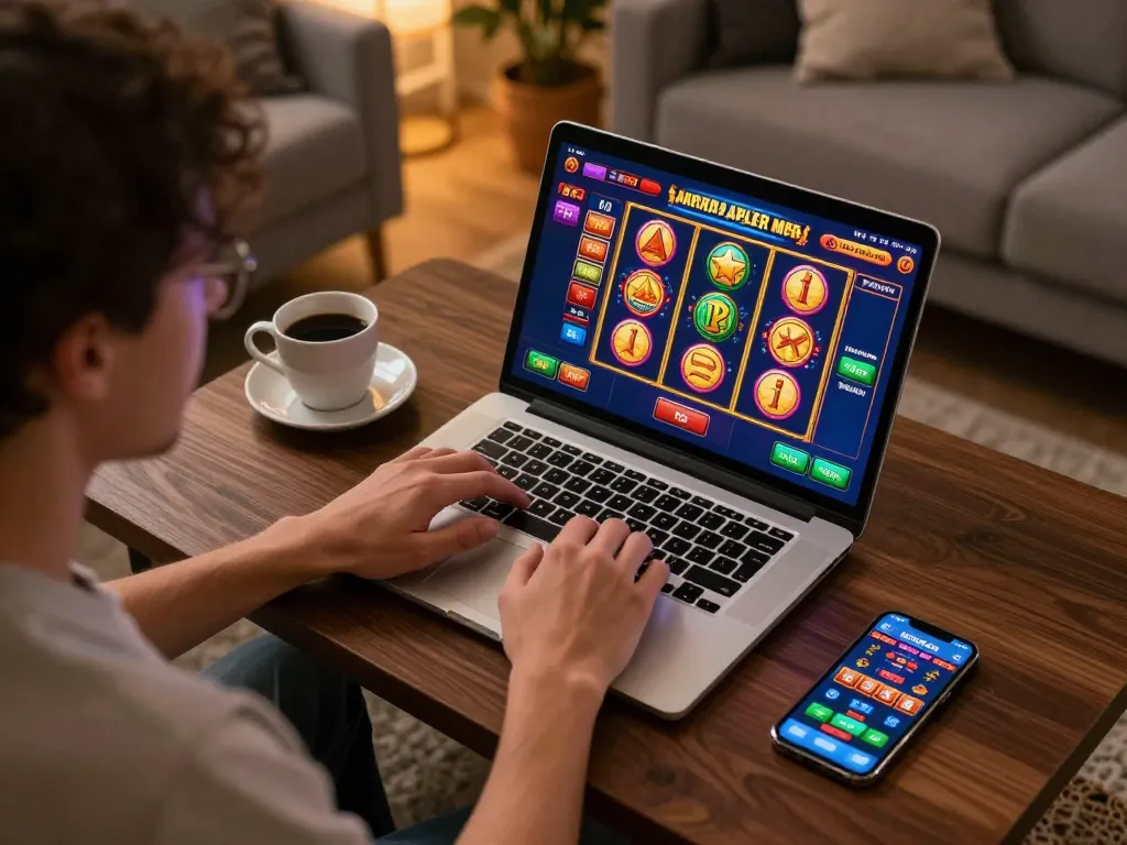 G28 user spinning slots on laptop in modern cozy home setup with warm ambiance.