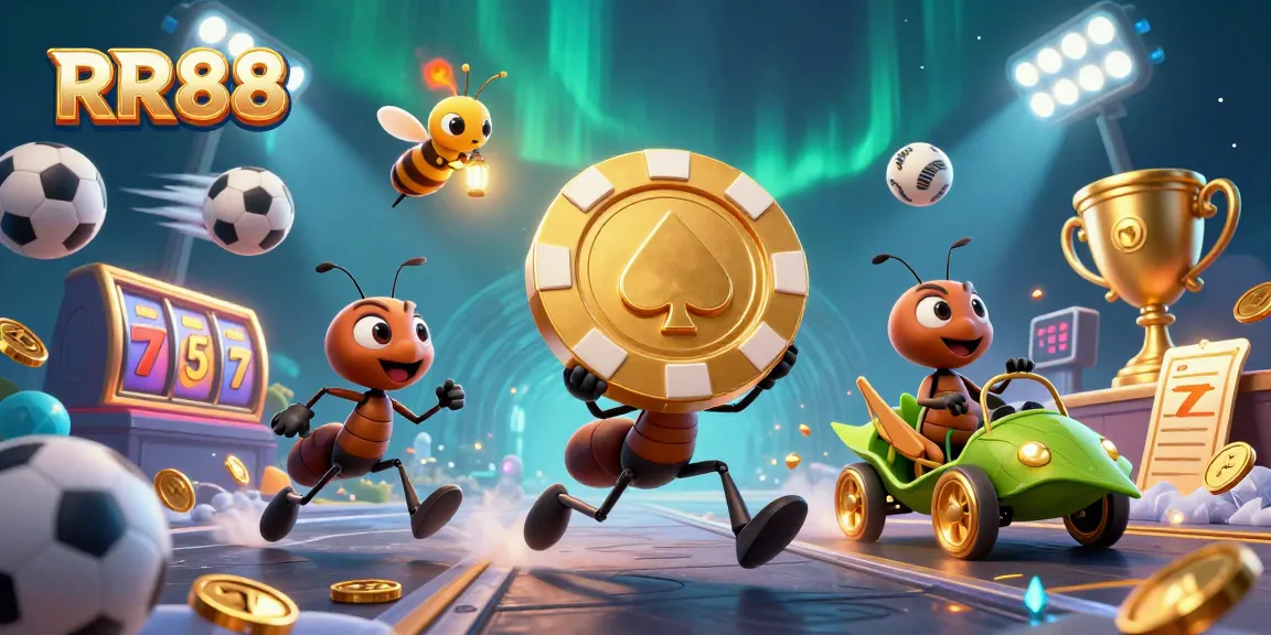 Engage in exciting gambling with RR88 as cartoon ants carry a giant poker chip through a vibrant casino adventure.