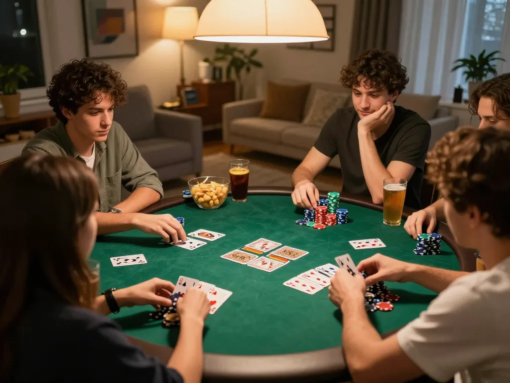 Engaging poker game among friends, highlighting the fun of online casinos Canada in a cozy home setting.
