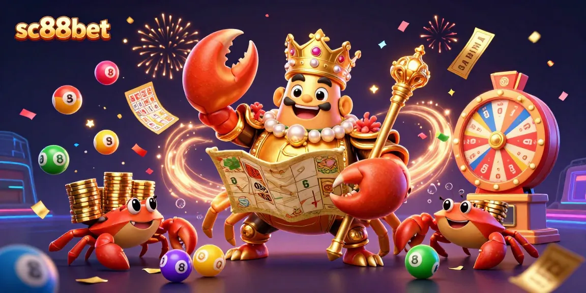 Experience the excitement of sc88bet with a vibrant 3D casino illustration filled with colorful game elements.