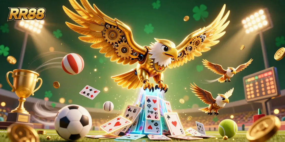 RR88 showcases a cybernetic eagle flying through holographic cards in a dynamic sports betting scene.