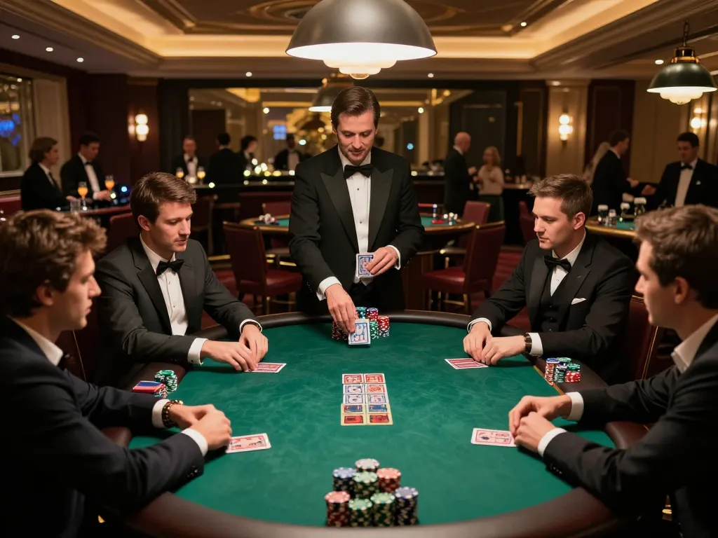 Players engage in a strategic poker game at https://tr88.baby/ surrounded by luxury decor and tense atmosphere.