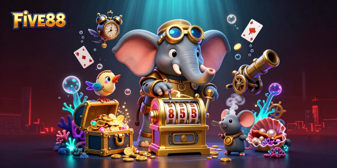 Experience FIVE88's thrilling slots with a whimsical steampunk elephant and vibrant underwater treasures.