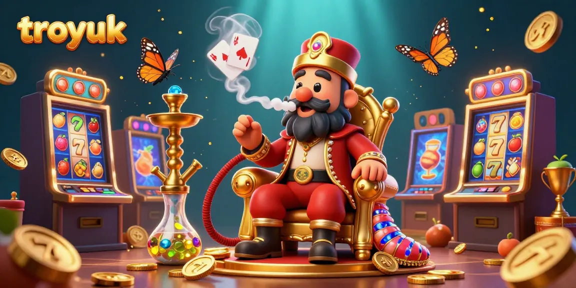 Experience the excitement of troyuk with a vibrant 3D casino scene featuring a caterpillar sultan playing among slot machines.
