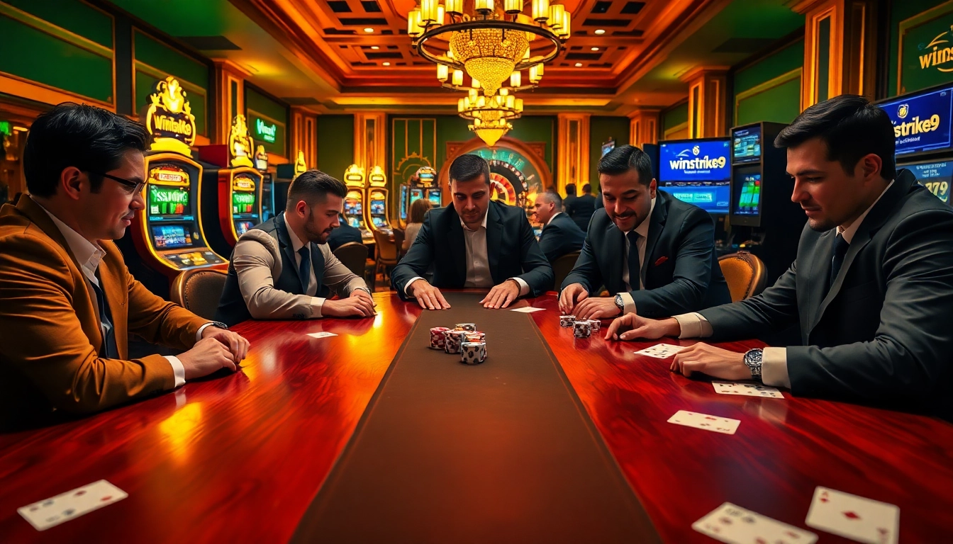 Gamblers enjoying thrilling action at winstrike69 online casino tables with vibrant slots.