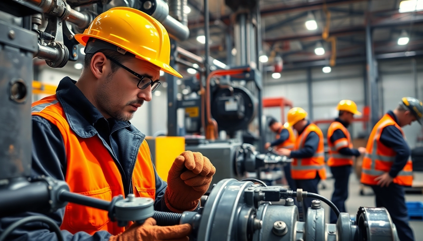 Technicians conducting on-site hydraulic repair in a professional industrial environment.