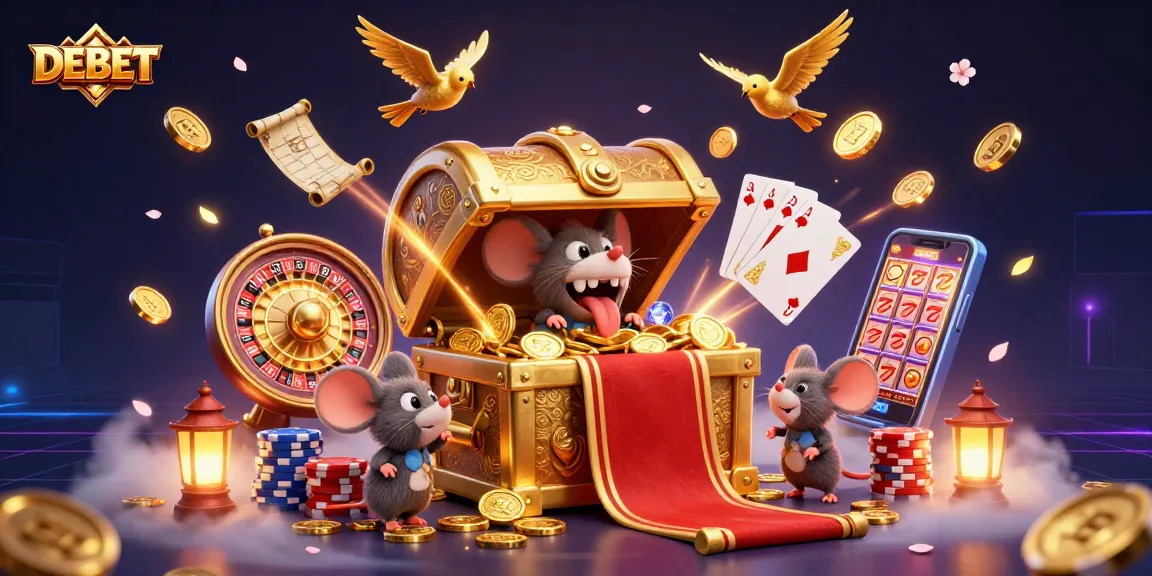 Play engaging games at DEBET with exciting treasures and vibrant casino elements encompassing the scene.