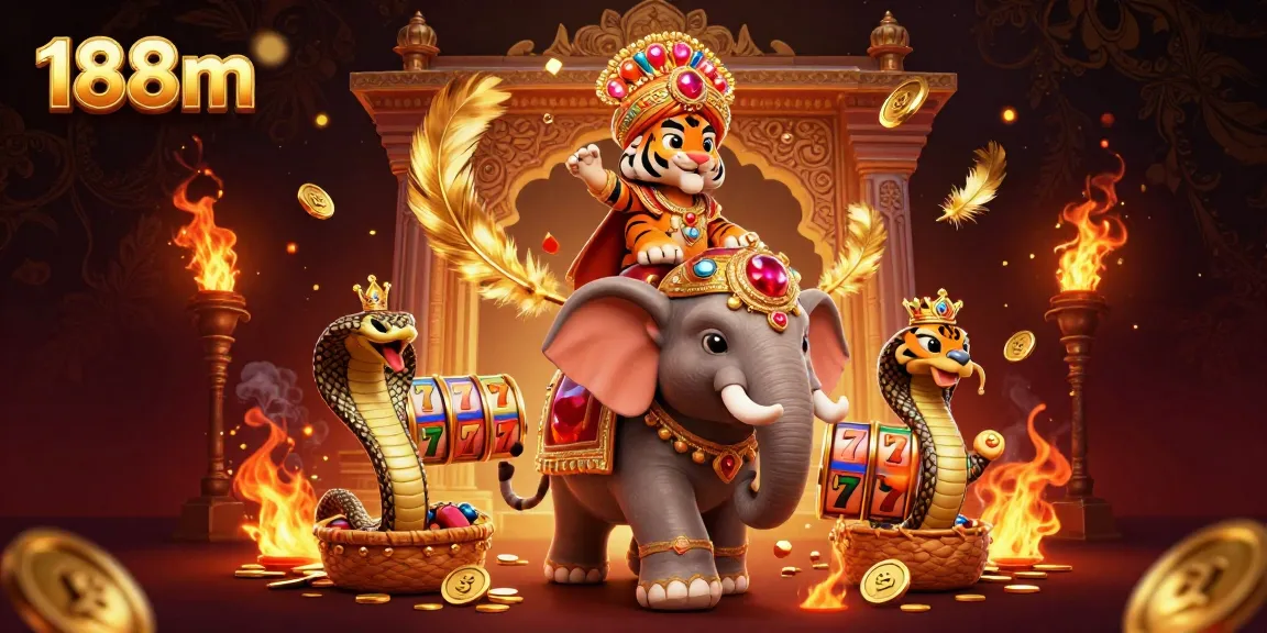 Engage with the thrilling games at 188m featuring a vibrant scene of a maharaja tiger and captivating slot elements.