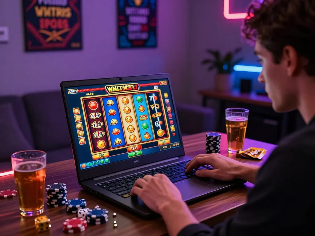 Player enjoying an online slot game experience at vegasslot77 in a modern gaming setup.