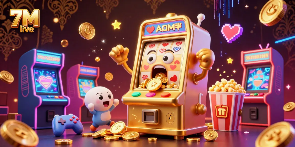 Celebrate the excitement of 7M live with a stunning scene of a golden slot machine hitting the jackpot and coins pouring out!
