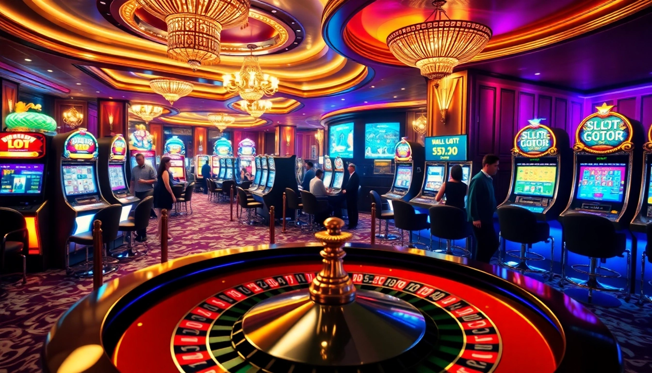 SLOT GACOR players celebrating wins at vibrant casino slots amidst luxurious decor.