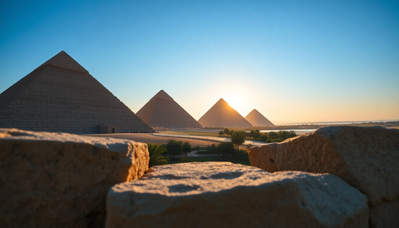 View of majestic pyramids at https://piraminds.com/ illuminated by sunrise against a clear blue sky.