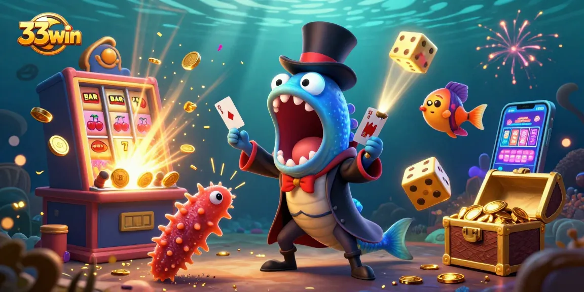 Experience thrilling gameplay at 33win with dazzling illustrations of underwater casino excitement and winning moments.