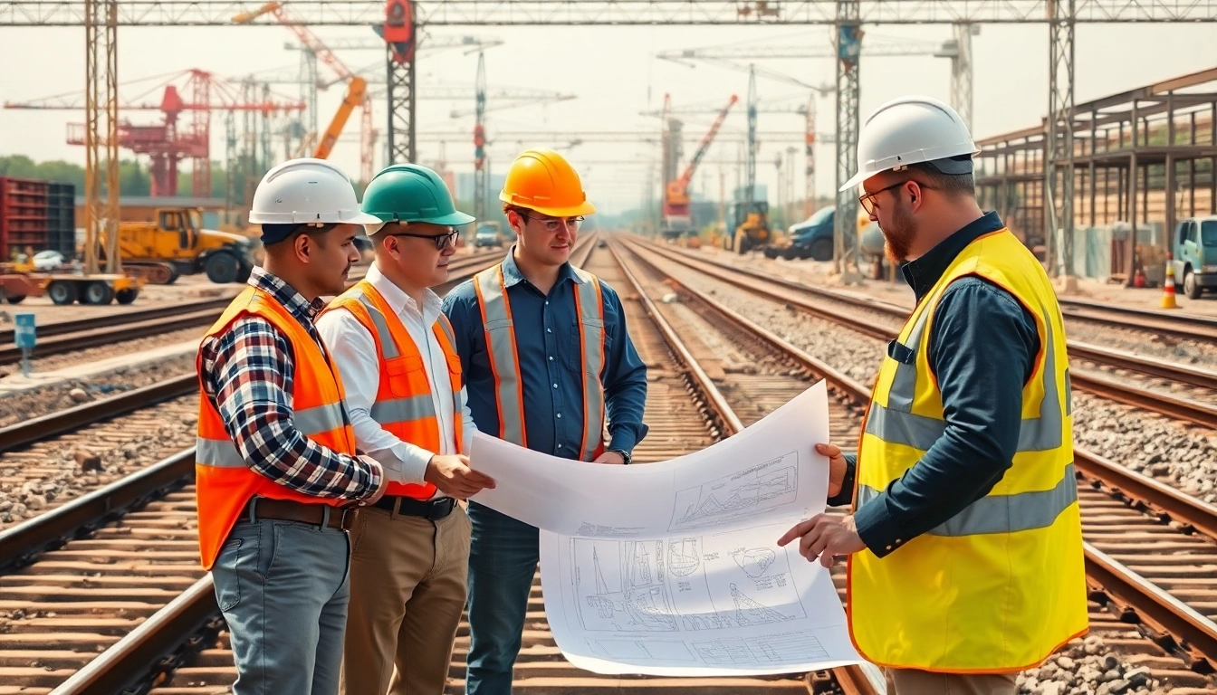Railroad Contractors USA collaborating on a construction site, demonstrating teamwork and engineering expertise.