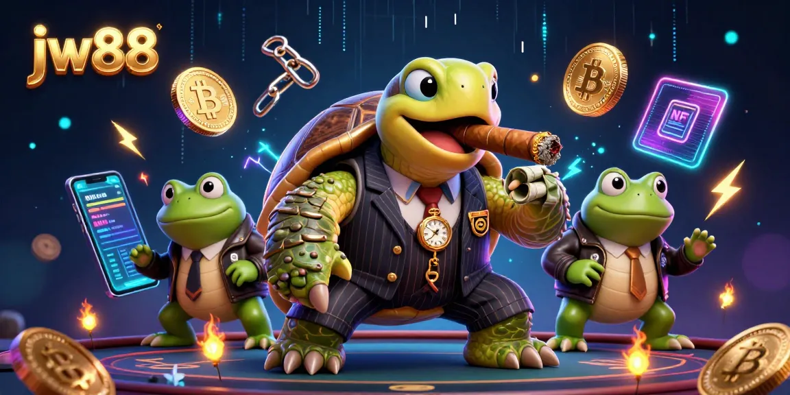 Experience thrilling gaming action at jw88 with a vibrant 3D illustration featuring casino characters and crypto elements.