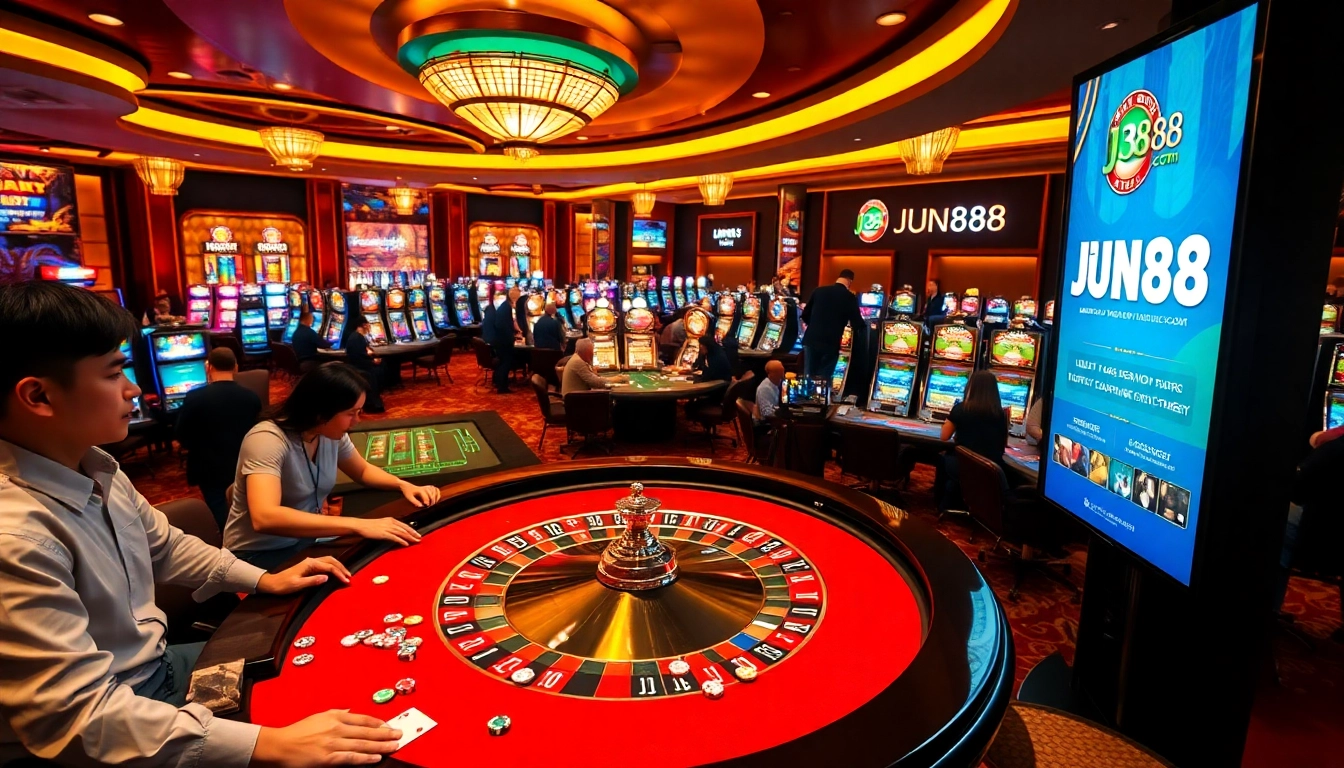 Experience the excitement of https://jun88pl.com/ with lively roulette and poker tables in a luxury casino setting.