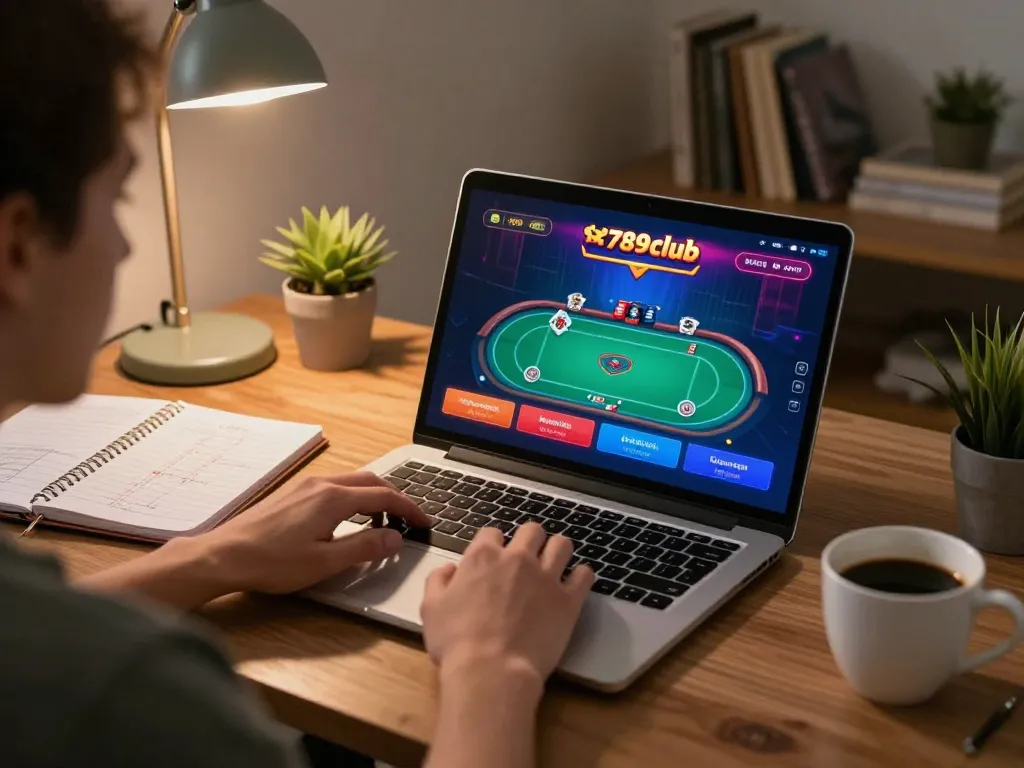 Engaging online poker game session on 789club with cozy home office setup and strategy notes.