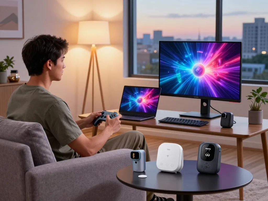 Engagement with best tech gadgets for men in a modern living room, showcasing various Bluetooth devices.
