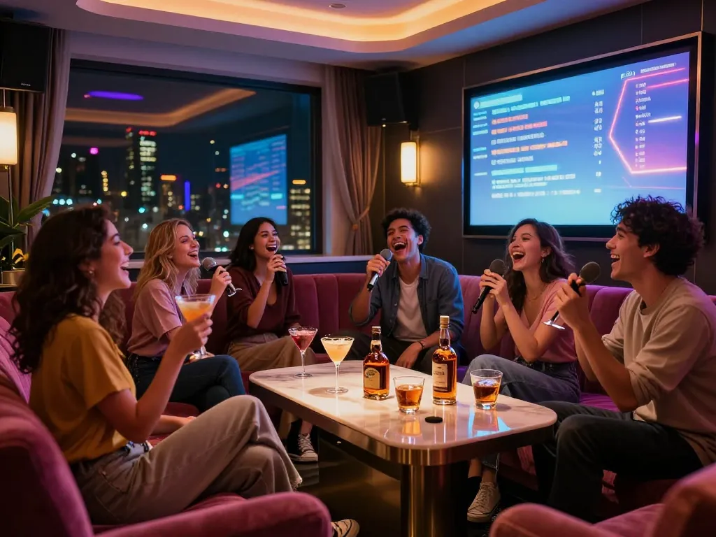 Experience high-end karaoke at gangnamtune.com with friends in a vibrant lounge setting.