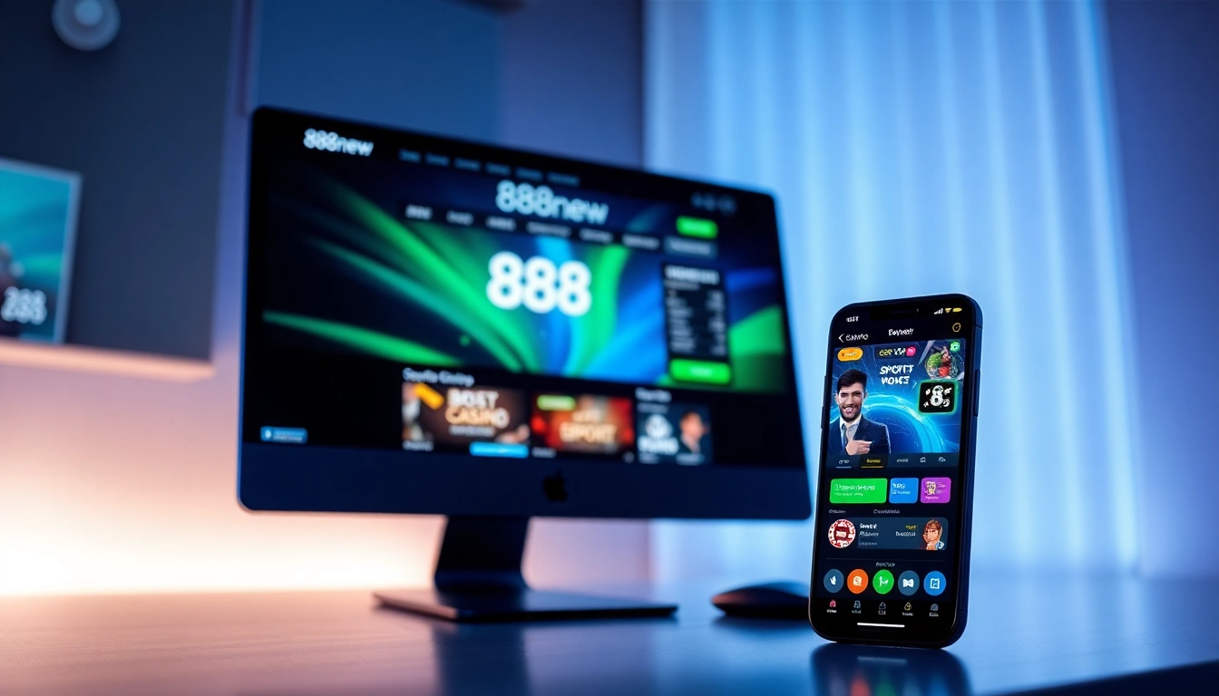 Engaging display of 888new online betting platform showcasing games and mobile app.