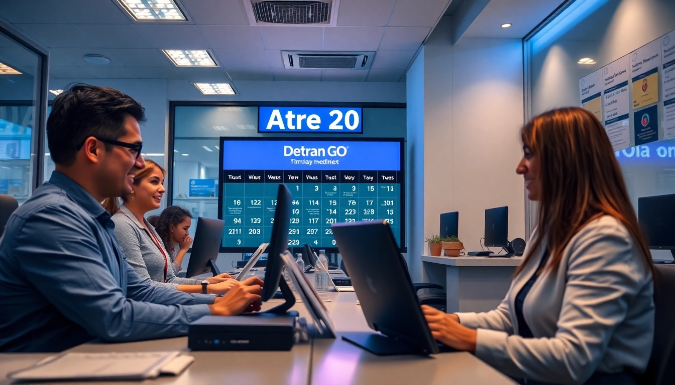 Efficient Detran GO office scene assisting clients with IPVA payment processes.