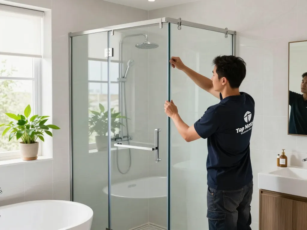 Expert installer from Top Notch Custom Glass fitting a custom shower door in an elegant bathroom.