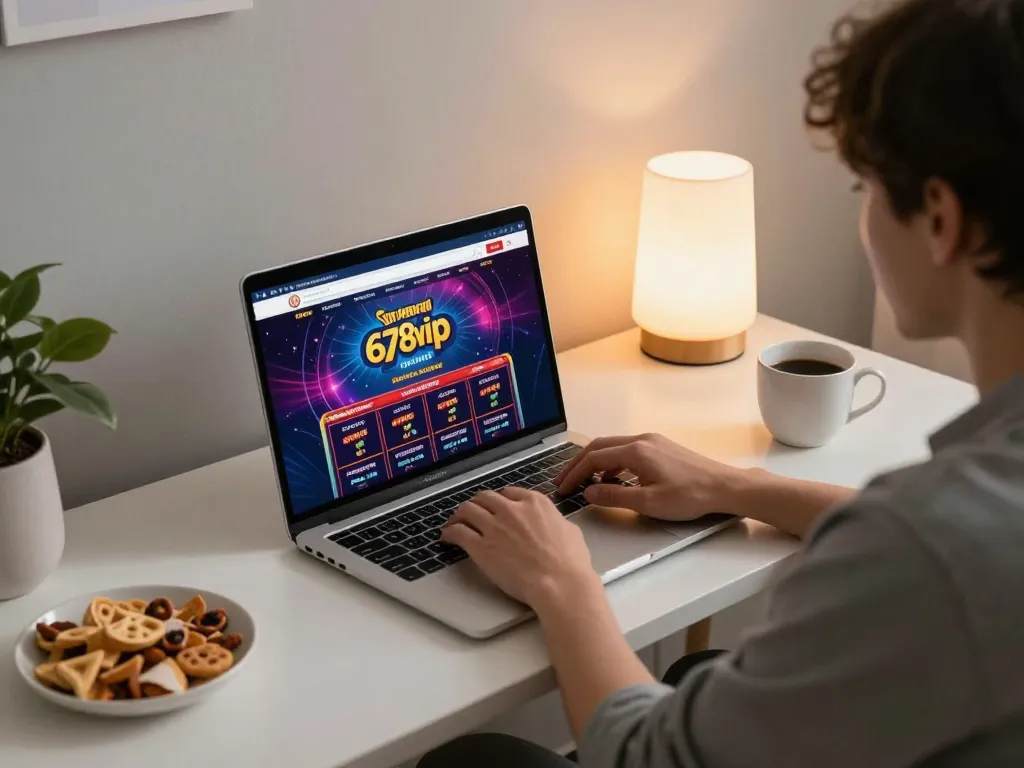 Engaging online gaming session on 678vip in a stylish home office with laptop and coffee