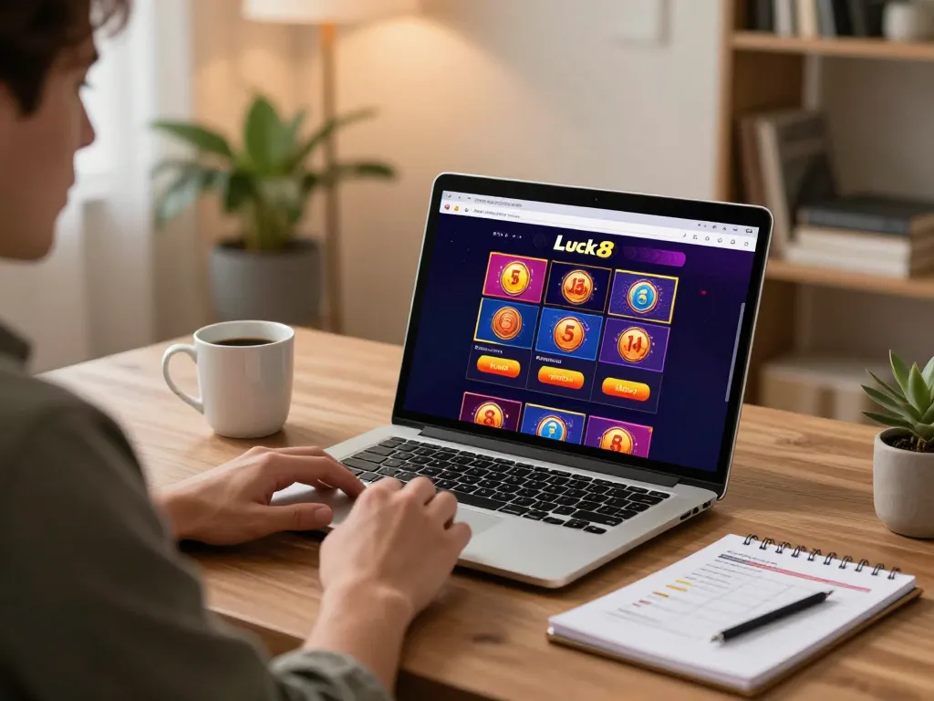 Engaged player using Luck8 platform for online casino gaming in a cozy home setting.