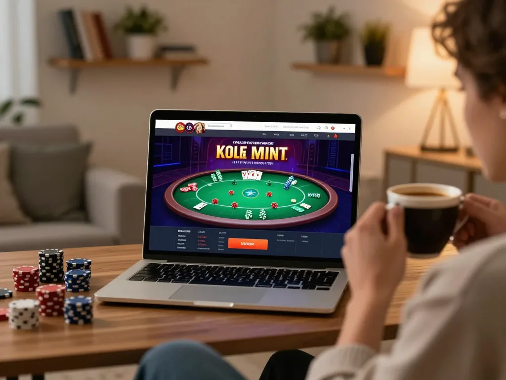 Engaging in poker gameplay on 23Win's online platform in a cozy home setting