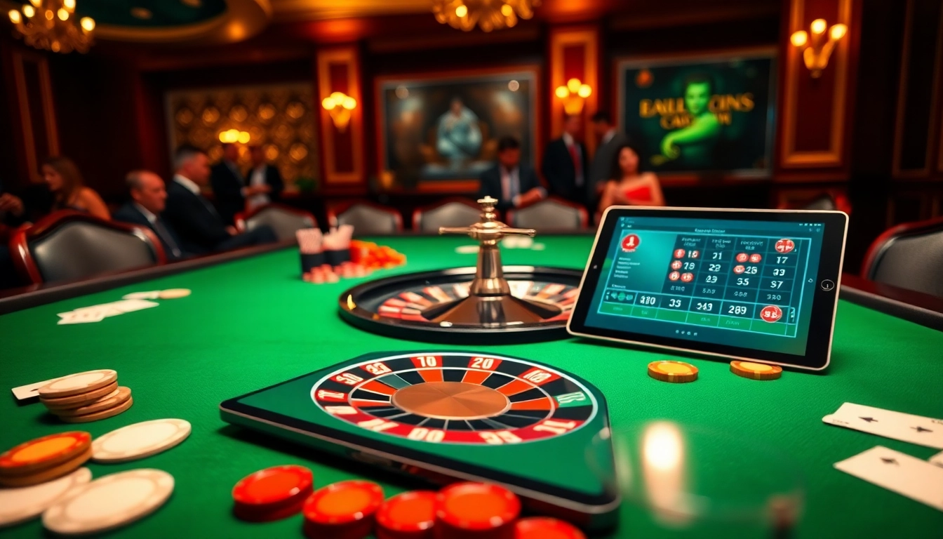 Scène captivante de casino en ligne avec des jetons de poker, des cartes et une tablette de jeu en ligne.
