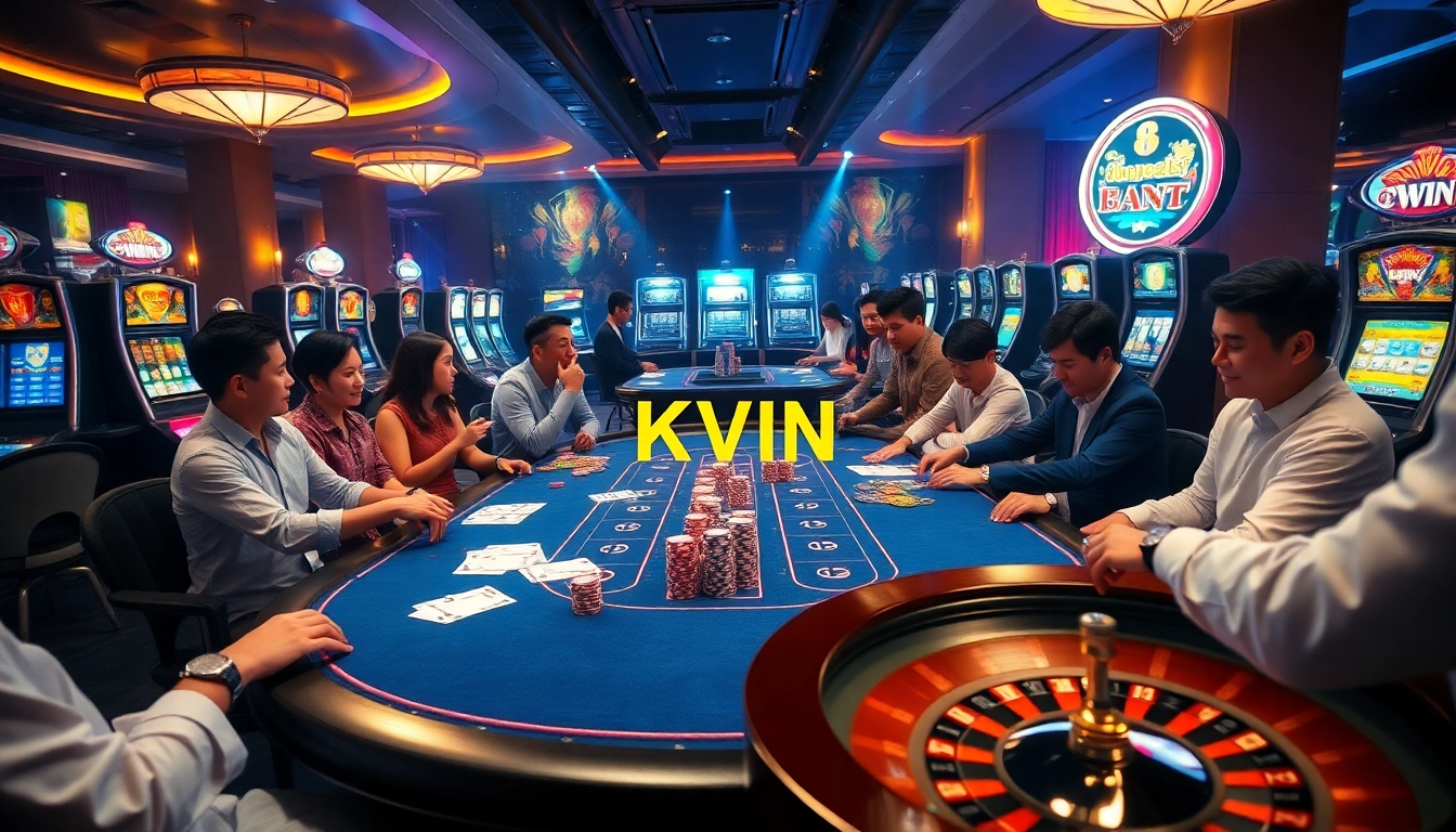 Engage with the KKWIN VIN platform's poker games and vibrant casino interface, showcasing a thrilling gambling atmosphere.