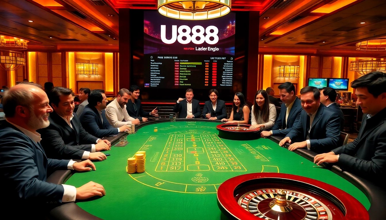Players enjoying high-stakes blackjack at U888 casino, showcasing excitement and luxury.