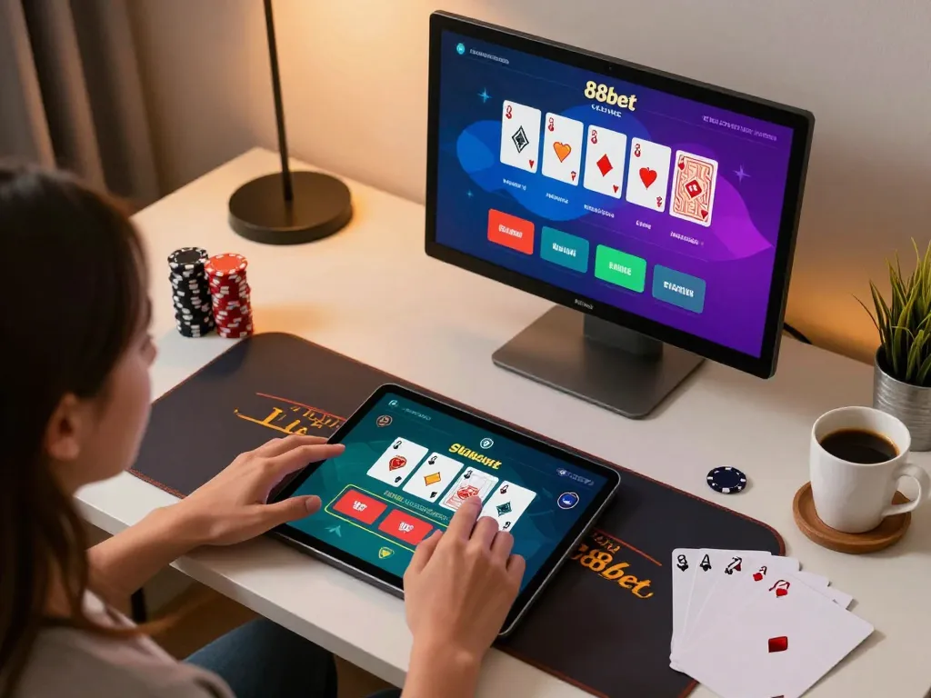 An excited player enjoying live blackjack at 88bet casino on their tablet, showcasing vibrant gameplay.