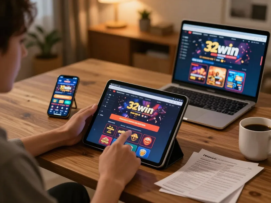 Player engaging with 32win online casino app on tablet in a cozy home setting, emphasizing responsible gaming.