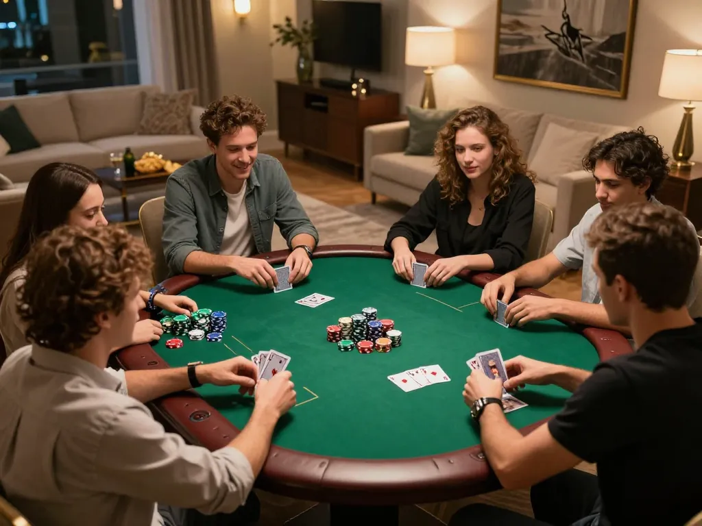 Friends enjoying a poker game at home, highlighting sites not on gamstop for unrestricted gaming fun