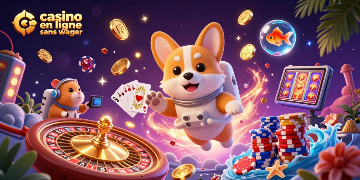 Expérimentez le casino en ligne sans wager avec un corgi astronaute en apesanteur, profitant de jetons et de pièces dorées.