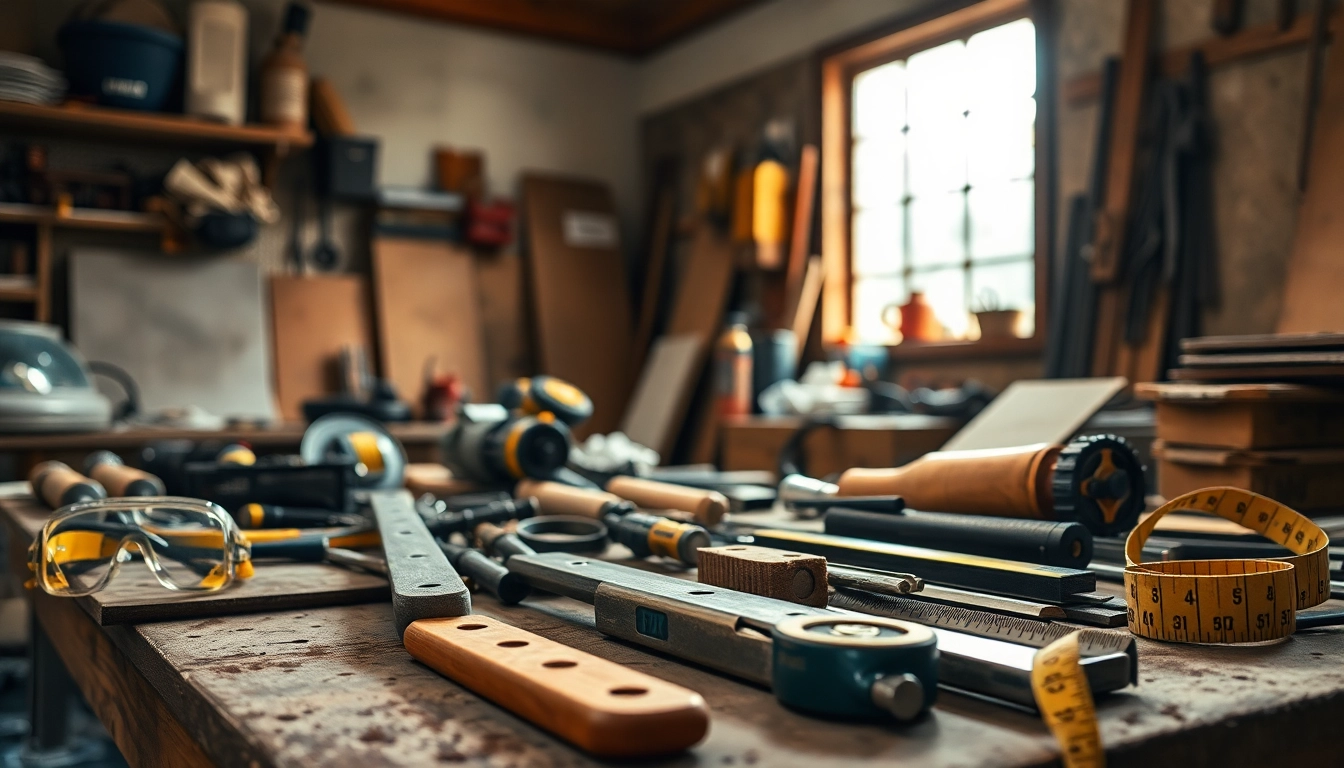 Showcase of cutting equipment highlighting precision tools on a workbench for professionals.