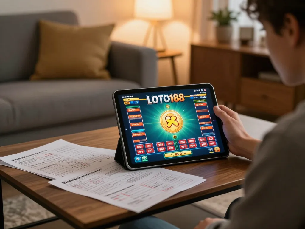LOTO188 online gaming scene with a player using a tablet for strategic betting.