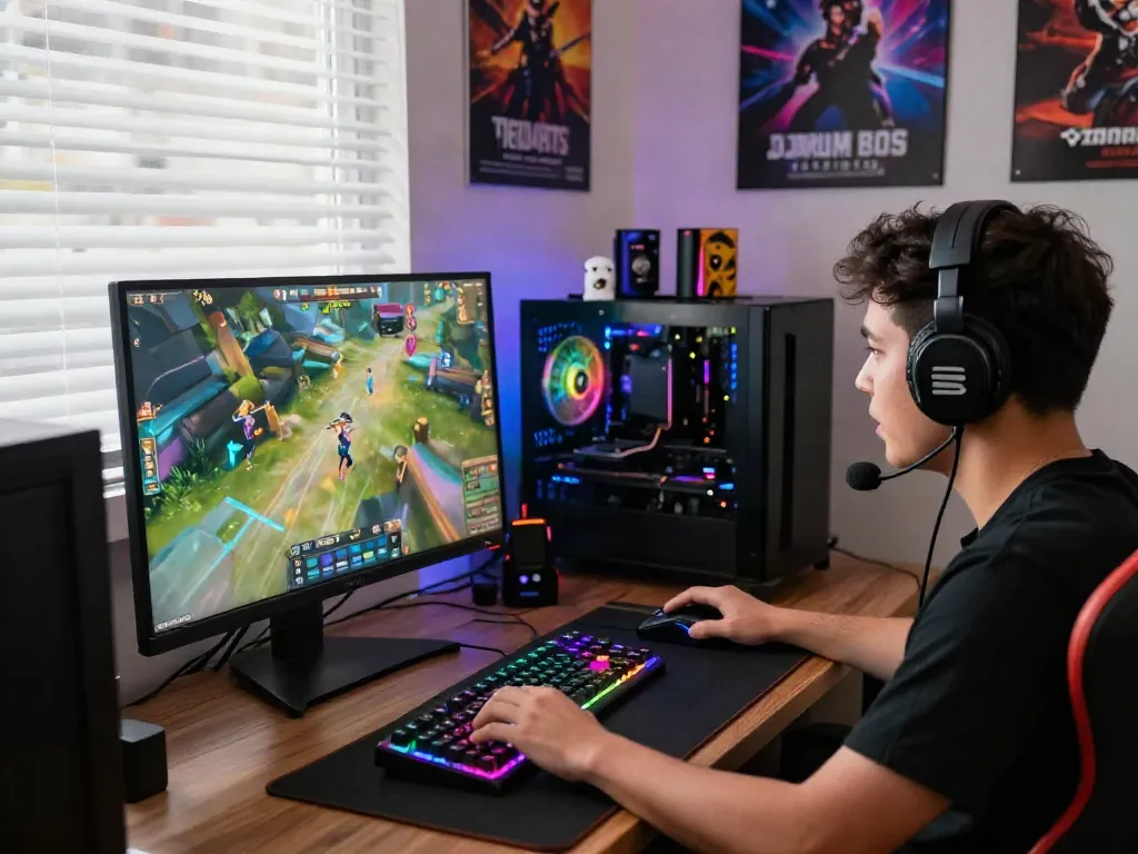 Link alternatif djarum bos gaming scene with enthusiastic player surrounded by vibrant accessories and engaging environment.