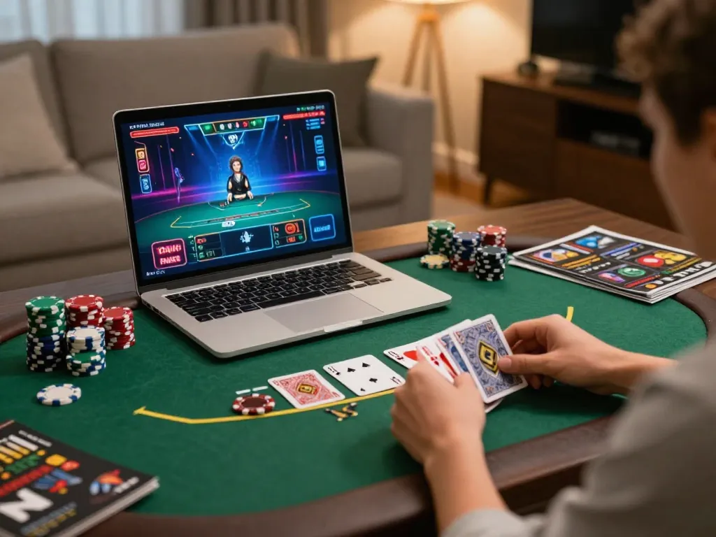 Engaging in live blackjack on 98win from a stylish home setup, dynamic poker chips visible.