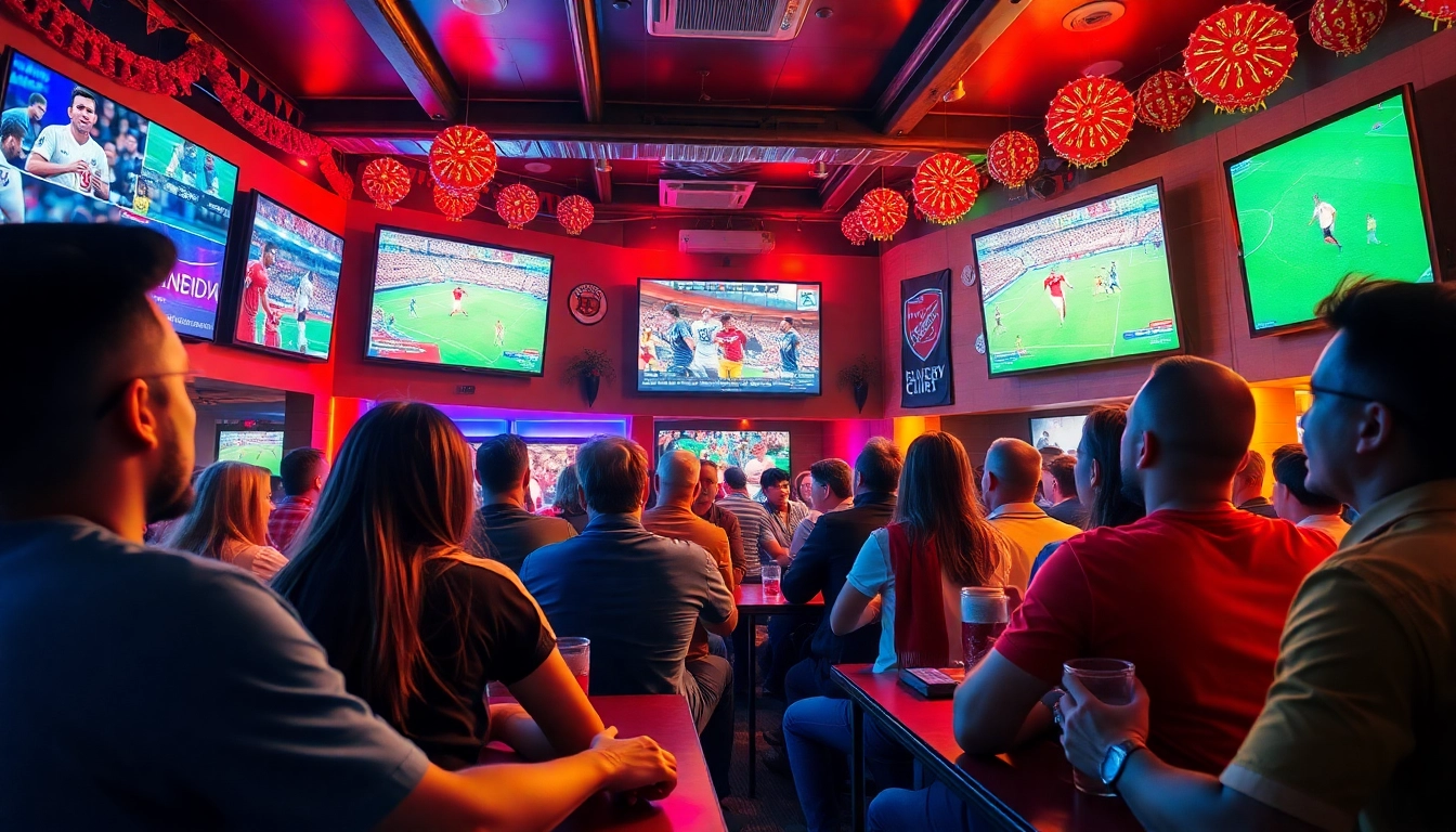 Excited sports fans enjoying high-quality 토토티비 live sports broadcasts in a vibrant sports bar atmosphere.