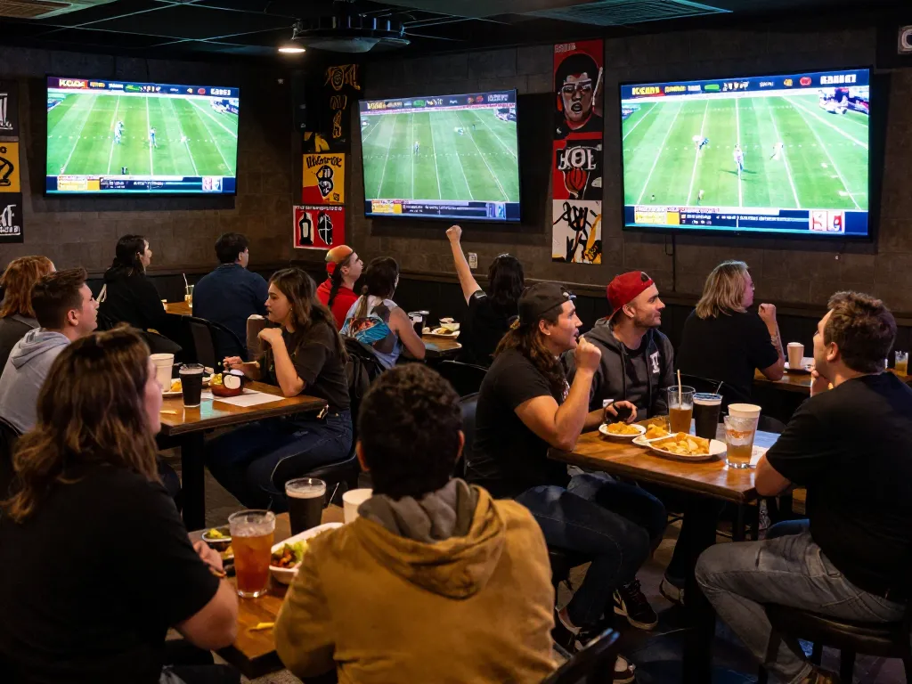 KQBD live updates in a buzzing sports bar, fans betting and cheering on games