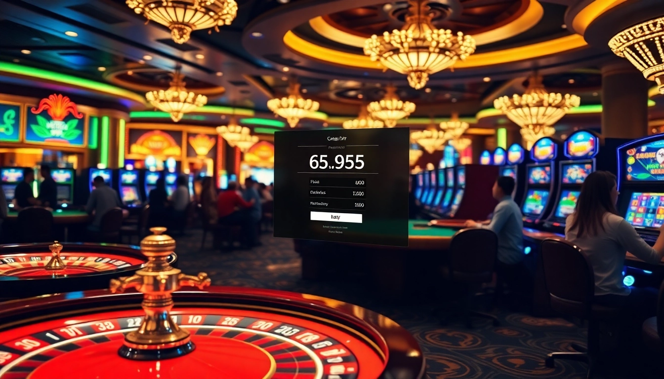 A thrilling gambling scene featuring a user logging in on an online interface surrounded by casino games.