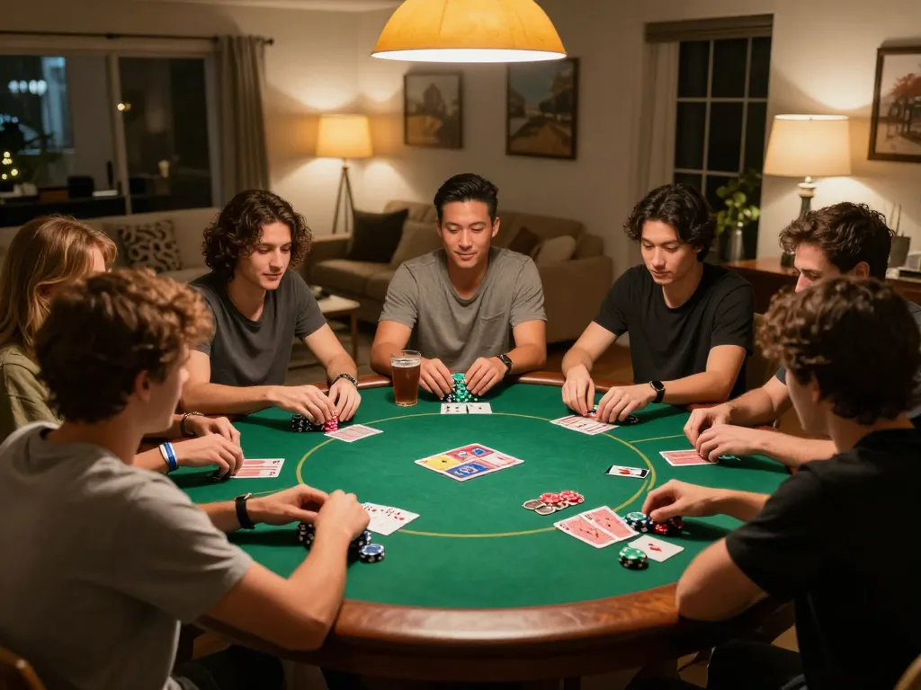 Friends enjoying a poker night at home, where more info about poker strategies and tips are shared, showcasing a lively and engaging atmosphere.