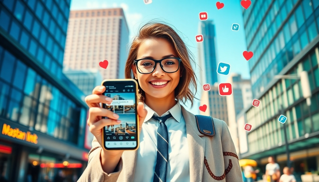 インスタ いいね 購入を促進する鮮やかな都市の背景と共にソーシャルメディアインフルエンサー。